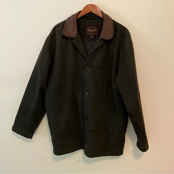 VTG Aberdeen Men’s Chore Barn Coat Jacket Sz. L Olive Green Leather Collar - Picture 1 of 11